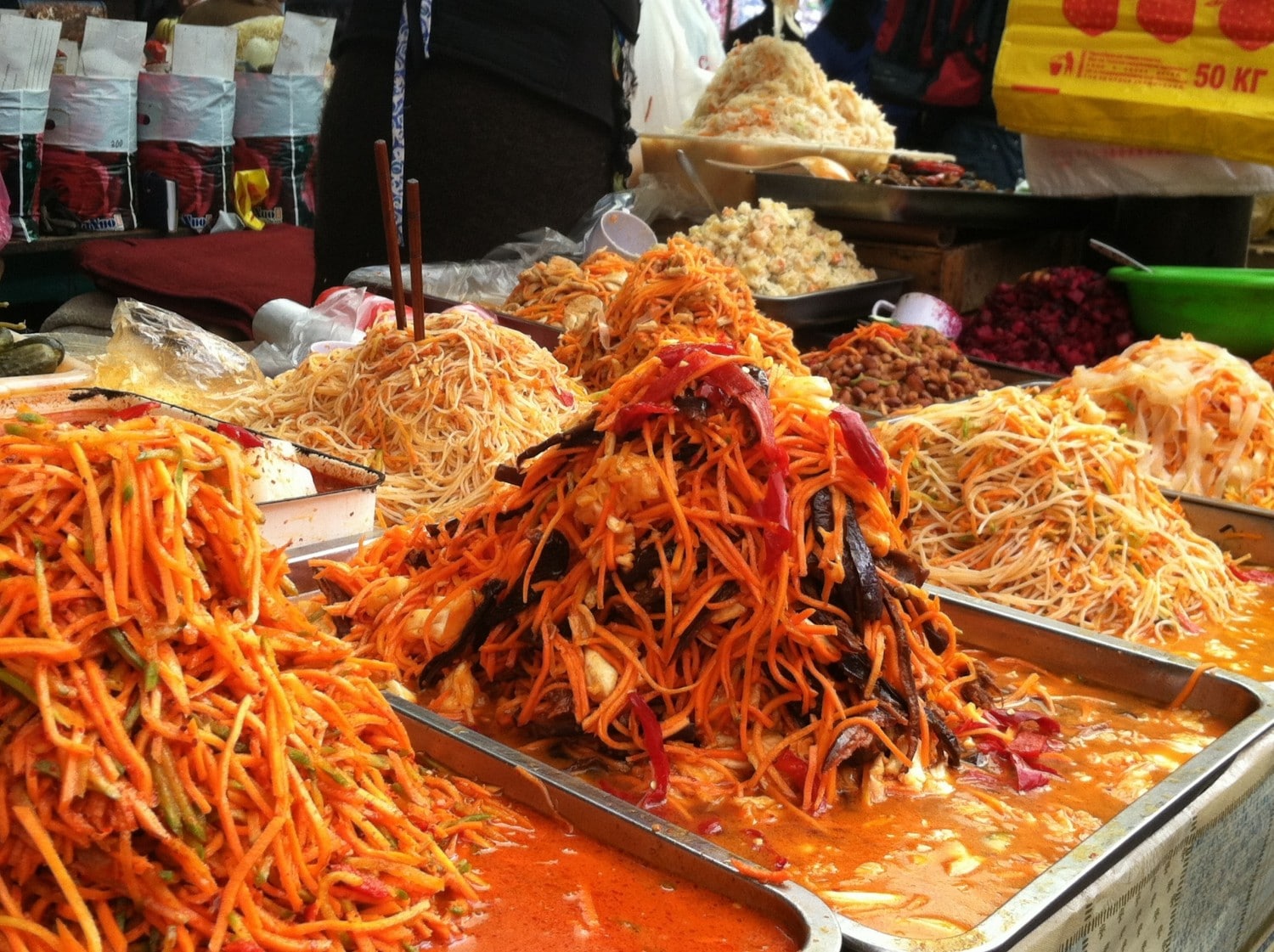 Korean carrot salad at Osh Bazaar in Bishkek
