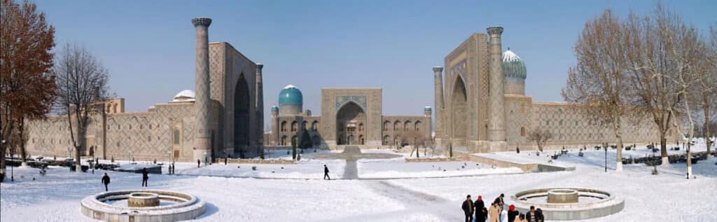Registan Square under snow Uzbek holidays