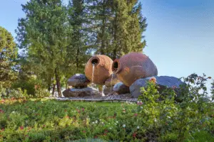 Qvevri used as fountains at a park in Kakheti, Georgia.