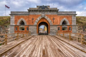 Latvia identity Emperor gates and wooden bridge in Daugavpils fortress