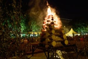 A large urban bonfire in Riga with a crowd gathered for Līgo, 2016.