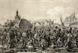 Eve of the Midsummer Festivity in Riga. 1842. Lithograph by Theodor Heinrich Rickmann.