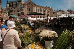 People and shops at the midsummer market in Riga, Latvia