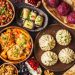 Traditional Georgian cuisine. Khinkali, phali, chahokhbili, lobio, cheese, eggplant rolls.